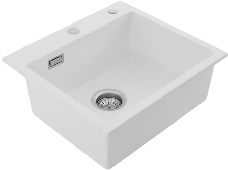Fregadero de cocina de cuarzo rectangular con escurridor, tubo de desagüe para cocina para área de fregadero y encimera de cocina (blanco, 50 x 45 cm)