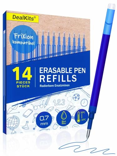 Lot de 14 recharges de rechange effaçables 0,7 mm, bleues, compatibles avec Pilot FriXion Ball, Clicker et Eberhard Faber, mines de rechange pour stylo gel effaçable, pratique pour l'école et