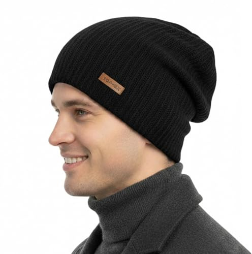 TOP-EX XL/XXL merinoull slouch beanie herr mössa dam vinter varm stickad mössa med satinfoder, 95585_svart, M-L