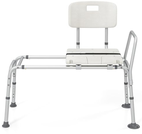 COSTWAY Banco de Baño Extraíble, Silla Ducha con Respaldo Ajustable en Altura con Asiento, Reposabrazos y Cinturón de Seguridad, Banco para Bañera Antideslizante para Ancianos y Discapacidadas