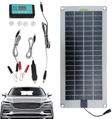 Chargeur de batterie solaire - Panneau solaire 30 W - Batterie de voiture 12 V - À brancher et à jouer - Charge solaire - Chargeur de secours - Clips avec prise plus claire pour l'entretien du