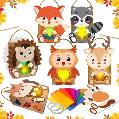 HILKKET 6 Stück Laternen Bastelset Herbst, DIY St Martin Laterne Kinder zum Hedgehog, Fox, Elk, Squirrel, Raccoon, Owl mit Laternenstab, DIY Laternen Basteln Sankt Martin, Herbst Spielzeug Set