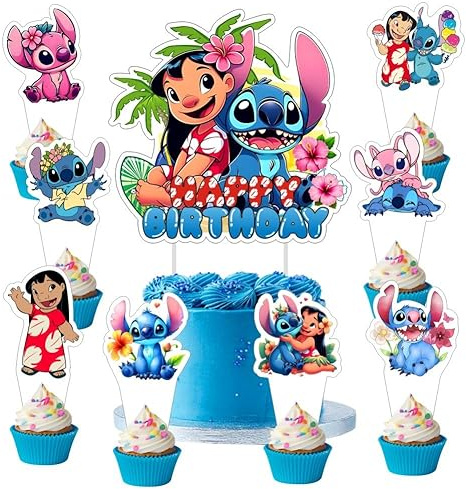 25 Pcs Cake Topper and Cupcake Toppers Set Birthday Party Supplies for Cartoon Blue Themed Birthday Decorations