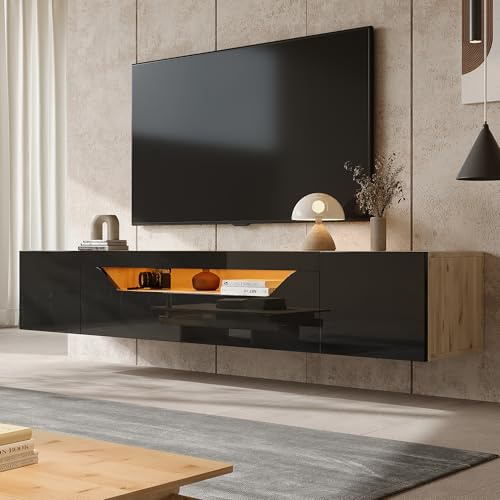 Mueble de TV montado en la pared con 3 armarios, banco de TV de alto brillo con luz LED para televisores de hasta 75 pulgadas, mueble para sala de estar, dormitorio (180 x 35 x 30 cm)