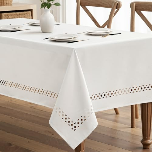 MIULEE Tovaglia in stile lino 140x240 cm rettangolare impermeabile e anti-macchia con design elegante a intaglio adatta per tavoli da pranzo cucina giardino e feste Bianco