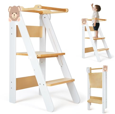 SOFTHOM Pieghevole Torre Montessori per Bambini, Torre di Apprendimento per Bambini,1 a 6 anni, Sgabello da Studio in Legno Naturale, Protezione Antiribaltamento, Regolabile in Altezza, Bianco