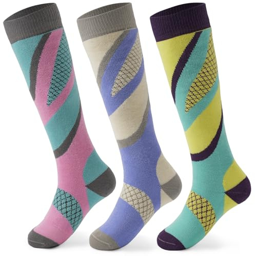 Aisyee Lot de 3 paires chaussettes ski enfants fille garcon chaussettes longues d'hiver chaudes et épaisses pour le ski et le snowboard Longueur du pied 16-18 CM/5-7 Ans