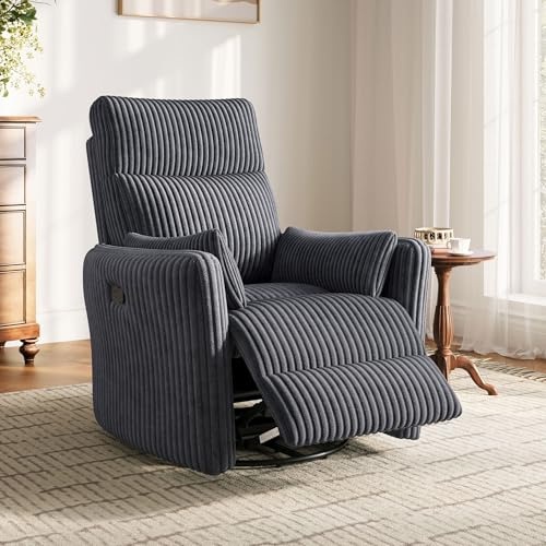 LINSY HOME 360 Swivel Nursery Relaxsessel, Corduroy TV Sessel mit 2 Kissen, Komfortabler High Back Sessel mit Liegefunktion für Kleine Räume, Kinderzimmer, Schlafzimmer, Wohnzimmer, Grau