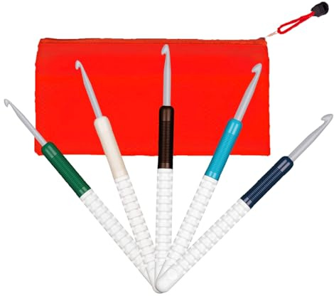Addi Wollhäkelnadel-Set 5-teilig, Stärken 4-6 mm, Nadeln aus Stahl, Griff aus Kunststoff, inkl. Aufbewahrungstasche