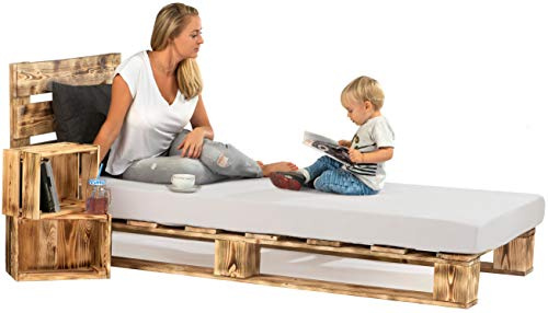 sunnypillow 120x200 cm Palettenbett mit Kopfteil Holzbett Massivholzbett Bett aus Paletten Palettenmöbel Geflammt Vintage europalette 80 90 100 120 140 160 180 200 220 240 x 200cm