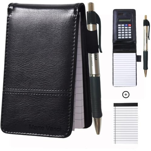 Marte Vanci Mini Pocket Notizbuch, A7, 40 Blatt, Schnellnotizen mit Taschenrechner und Stift für Business Trader Shopping Tragbare Notizblöcke Memo Pad PU Leder Cover bares liniertes Papier