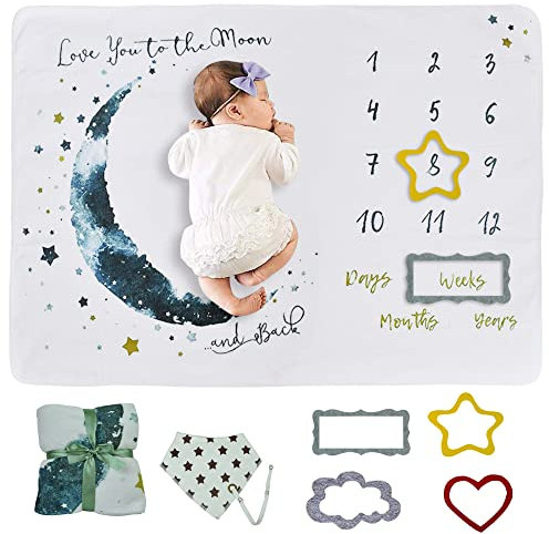wocharm Baby Milestone Mat Blanket photo prop with floral numbers Newborn Boy Girl Gift(Star&Moon)