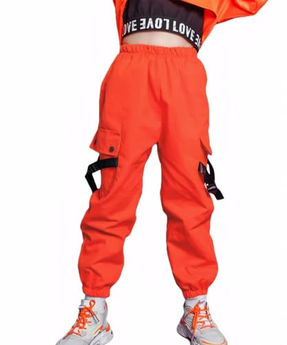 Rolanko Pantaloni Cargo per Bambini,Pantaloni da Jogging per Ragazzo e Ragazza Street Hip Hop Dance(Arancione,8-9 anni/140)