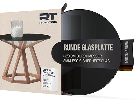 Rapid Teck® Glasplatte Rund Durchm. 700 mm Schwarz Glastisch Tischplatte aus gehärtetem Glas Tisch Glasscheibe 8mm Dick