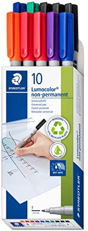 STAEDTLER Folienstift Lumocolor, non-permanent, wasserlöslich, F-Spitze mit Linienbreite ca. 0.6 mm, hohe Qualität, Set mit 10 Farben, 316 B10