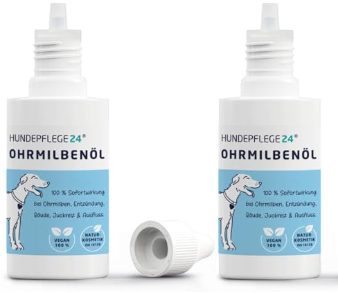 Hundepflege24 Ohrmilbenöl für Hunde 2 x 50 ml – Ohrentropfen gegen Ohrmilben, Juckreiz, Ohrräude & Ohrenentzündung – Natürliches Milbenmittel für Hundeohren