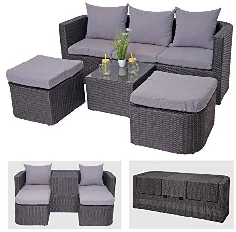 Mendler 3in1-Garnitur HWC-J37, Garten-/Lounge-Set Sonneninsel, Spun Poly Poly-Rattan MVG - anthrazit, Kissen hellgrau