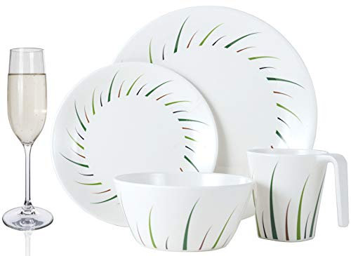 Melamin Camping Geschirr Set 4 Personen Limon Design 16 Teilig + 4 Champgner Gläser Flûtes Tafelgeschirr Picknick BBQ Kochgeschirr