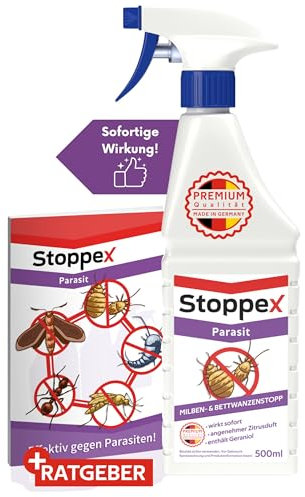 Stoppex Parasit Milben- & Bettwanzenspray – Effektive Soforthilfe gegen Milben & Bettwanzen - Ideal für Matratzen, Sofas, Polster & Teppiche