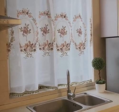 A.Monamour Cortina Cocina Ventana Puerta Corta Pequeña Cenefa Bordada De Flores Rosas Vintage De Gasa Voile Transparente Translúcida Visillo Blanca Bolsillo para Varilla Panel Cenefa Rustica Bistro