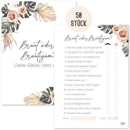 Things of Happiness Hochzeitsquiz Braut oder Bräutigam 50 Karten | Hochzeitsspiel für Gäste | Spiel Hochzeit für Brautpaar im Boho Design (Beige Palmen)