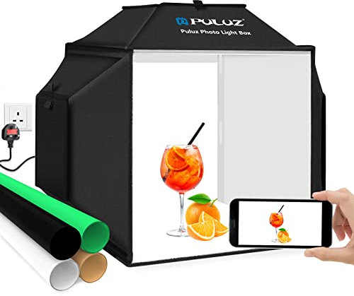 PULUZ Light Box & Softbox for Photography, 40cm/16 inch Photo Studio Shooting Tent Portable Soft Box Dimmable 24W 5500K 480pcs LED Lights with 4 Colors PVC Backdrops