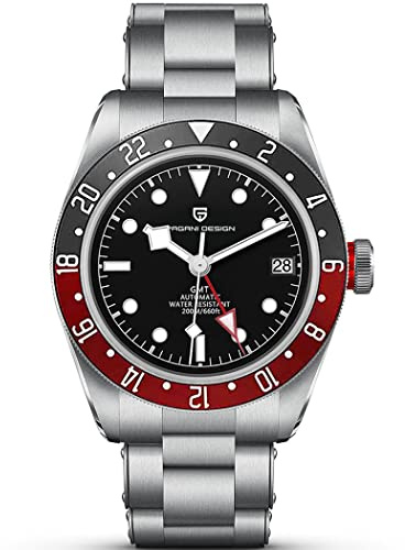 Pagani Design 1706 GMT Automatik Uhr Hommage Black Bay Herren Mechanische Armbanduhr Multi-Time Zone Funktion Wasserdicht 200M Sportuhr (Schwarz Rot)