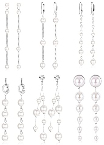 MILACOLATO 6 Paires Longues Boucles d'Oreilles Perles pour Femme Plaqué Or 14K Gland Perle Boucles d'Oreilles Pendantes Argent Or Enfileur Perle Boucles d'Oreilles Pendantes Bijoux pour Mariage argent