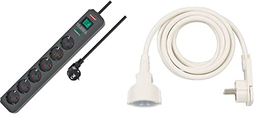 Brennenstuhl Eco-Line Steckdosenleiste 6-Fach mit Überspannungsschutz (Schalter und 1,5m Kabel) anthrazit & Qualitäts-Kunststoff-Verlängerungskabel mit Flachstecker (mit 3m Kabel) weiß