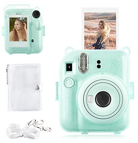 Rieibi Housse pour Instax Mini 12 - Étui à Paillettes pour Appareil Photo Instantané Fujifilm Instax Mini 12 avec Poche Photos Arrière, Bandoulière Transparente et Mini Album Photo - Vert
