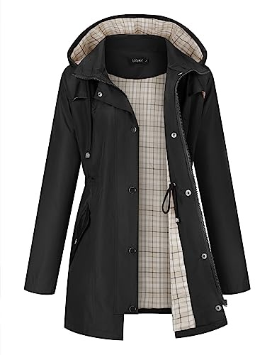 LOMON Women Rain Jacket Lightweight Hooded Jackets Women Lined Trench Coats Waterproof Outdoor Hiking Raincoat Black M (Cute Plaid Lining)