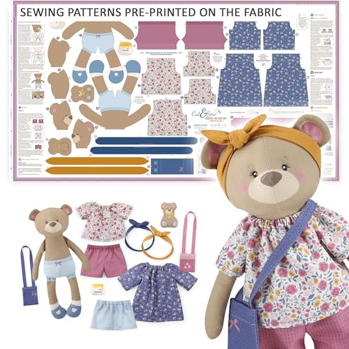 kullaloo Doll Sewing kit for Intermediate Skills ✦ with Video Instructions ✦ Cut & Sew Fabric Panel Doll with Clothes: Dress Me Bestie Betsy Bear