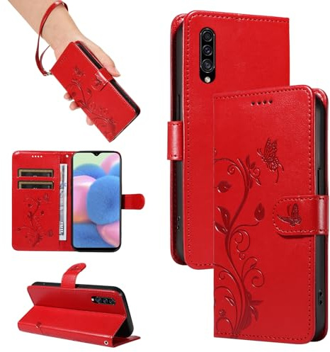 SRISHP Hülle für Samsung Galaxy A50 Hülle, Premium PU Leder Handyhülle mit Band, Magnet Flip Case für Galaxy A50, Rot