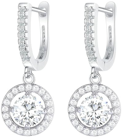 LÖB Damen Creolen Vergoldet mit Zirkonia Stein Anhänger Rund Ohrringe Hängend Glitzer Strass Rund Klein Brautschmuck Kreolen Silber Weiß