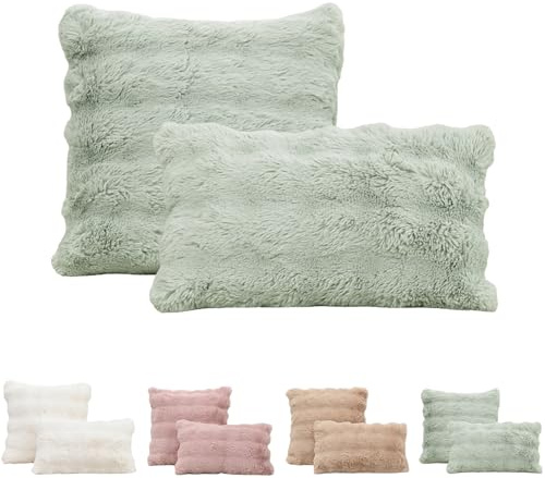 Tospass 2er Set Kissenbezug 40x60 cm Grün Künstlich Kaninchenfell Kuschelkissen Flauschig Weich Glatt Sofakissen Dekokissen, Deko Wohnzimmer Zierkissen Couchkissen mit Unsichtbarer Reißverschluss