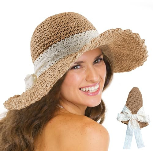 badaren Sonnenhut Damen – Strohhut Damen Sommer, Jagdhut mit Spitzenband, Strohhüte Damen – Sonnenhüte für Damen UPF UV – Faltbarer Reisehut für Damen