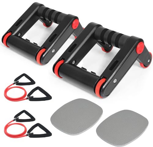 3-in-1 Liegestützgriffe & Bauchroller Set, Faltbare AB Roller mit Kniepolster & Widerstandsband, Rutschfeste Griffe, Ideal für Calisthenics und Ganzkörpertraining, Für Alle Fitnesslevel Geeignet (Rot)