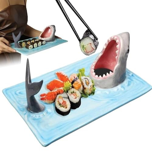 LKUOU 2024 New Shark Sushi Plate,Sushi Plates,Hand-Painted Ceramic Shark Sushi Plate,Shark Shaped Plate with Soy Sauce Bowl and Chopstick Holder