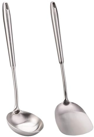 FJNATINH 2 Stück Wok-Pfannenwender und Schöpflöffel, Schöpflöffel, chinesisches Wok-Utensilien-Set, 304 Edelstahl, Kochutensilien