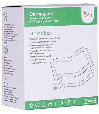 Apósito adhesivo para heridas VED Dermapore: adecuado para cortes y rozaduras, úlceras venosas en las piernas y pequeñas úlceras por presión, mediano, (6 x 7cm (Pack of 50))