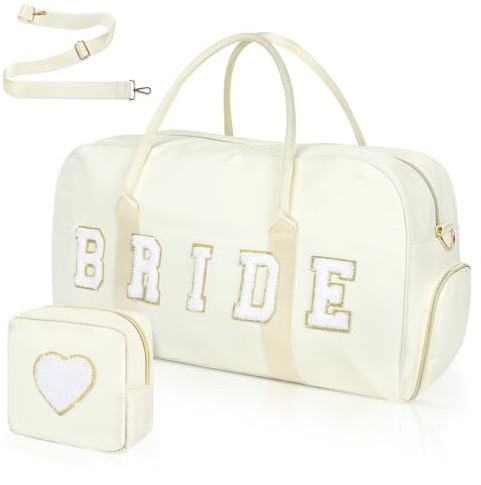Braut Bag Braut Dusche Geschenke 2 Pcs Wedding Weekender Tote Groom Duffel Chenille Letter Bag with Shoes Compartment Bachelorette Gifts for Bride to Be (White, Bride)