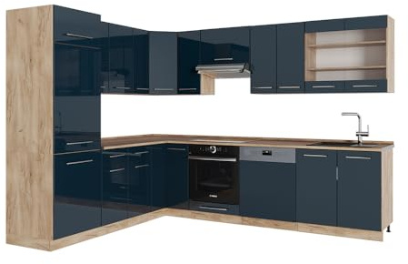 Vicco Eckküche Fame-Line, Dunkelblau Hochglanz/Goldkraft Eiche, 287 x 46 cm ohne Arbeitsplatte, zur individuellen Erweiterung mit kompatiblen Modulen