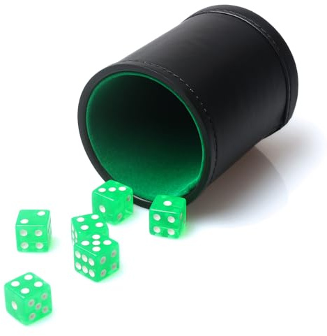 RERIVER Faux Leather Dice Cup Set, Soft Velvet Interior Dice Cup Shaker Quiet with 6 Green Translucent Dice for Liars Dice/Farkle/Yahtzee Games, 1 Pack
