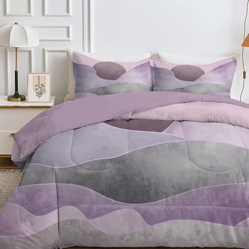 Qiwagu Couette 4 Saisons 240x260 cm Gris Violet, Imprimée Bohême pour Lit 2 Personnes, Réversible sans Housse, Lavable en Machine, Légère 200GSM avec 2 Taies d'Oreiller