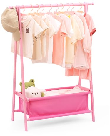 Relquorax Appendiabiti per bambini con portaoggetti, appendiabiti per bambini, piccoli indumenti, per costumi, bambù (rosa)