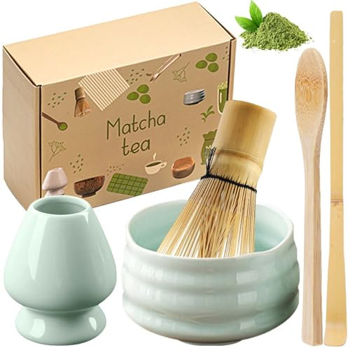 Juego de té matcha de 5 piezas, juego de té matcha con escoba matcha, cuenco de cerámica, escoba matcha de bambú, soporte para escoba de cerámica, accesorios de matcha hechos a mano, juego de regalo
