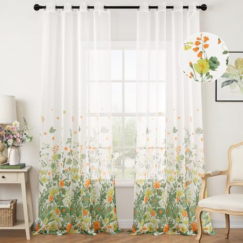 Woaboy Tende Floreali per Interni 140x245cm Vert Tende Finestre Voile Trasparenti per Soggiorno e Camera da Letto 2 Pezzi