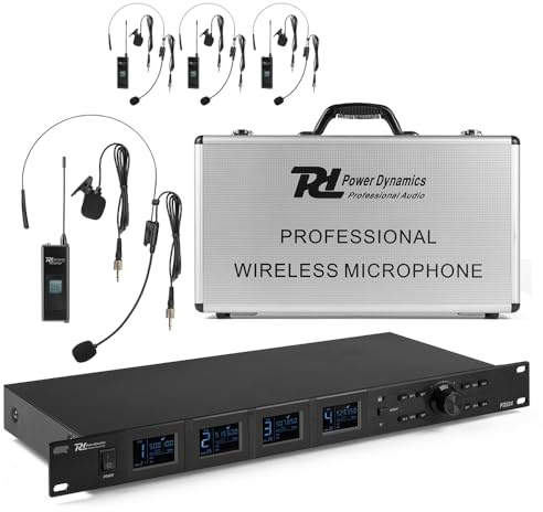 Power Dynamics PD524B Sistema UHF con 4 petacas | 4 petacas UHF, diadema y solapa, 100 canales, salida MIX y XLR independientes