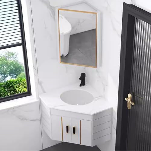 Gtzly Waschtisch mit Unterschrank, Wandmontierter Eck-Badezimmer-Waschtisch mit Waschbecken, Waschbecken-Design mit Keramikwaschbecken, Spiegelschrank und Arbeitsplatte aus Felsplatte(White)