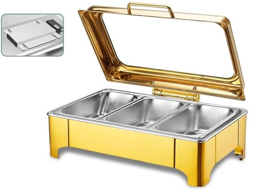 Chafing Dish Gold Piano di Cottura in Acciaio Inox, con Controllo della Temperatura Buffet Elettrico a Tenuta Stagna con Coperchio in Vetro Trasparente(13.5L/3)